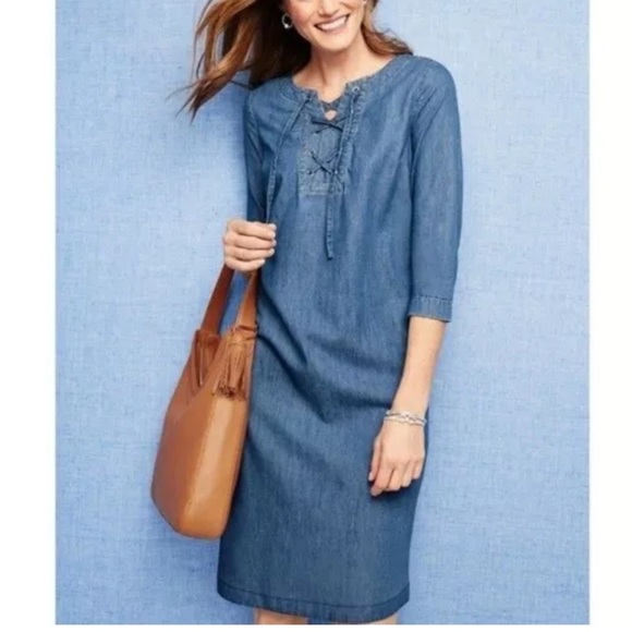 Talbots Shift Dress 10 Lace Up 3/4 Sleeve Tencel Blend Army Green Closet Staple - Picture 2 of 10